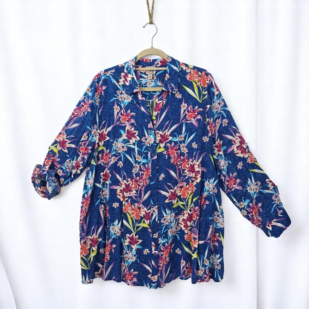 Como Vintage Woman 1X Floral Button Down Shirt Long Sleeve Boho Tropical Light